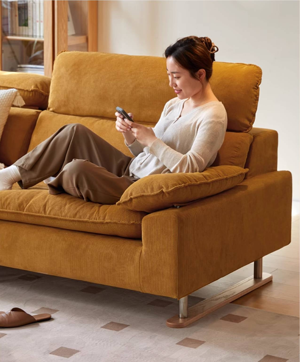 High-Back Corduroy Fabric Sofa with Removable Cover