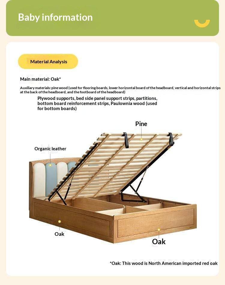Oak Solid Wood Kids Bed with Adjustable Channel-Tufted Headboard and Gas-Lift Storage