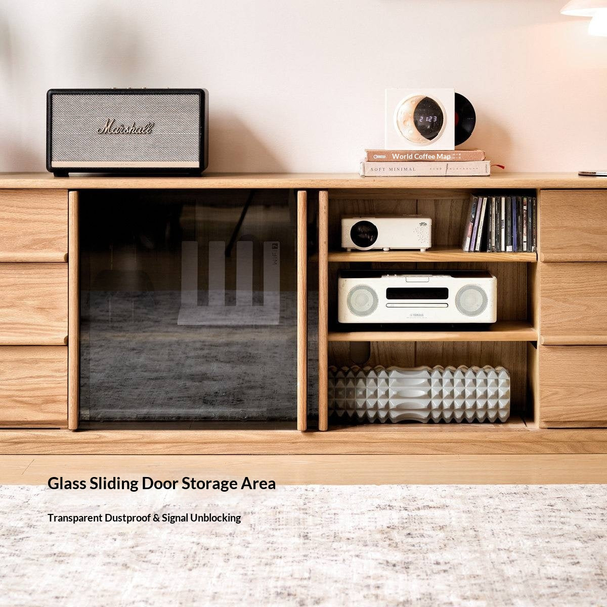 Oak Solid Wood TV Stand with Sliding Glass Doors and Drawers