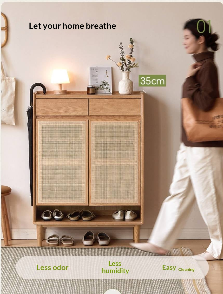 Oak Solid Wood Modern Entryway Shoe Cabinet with Drawers