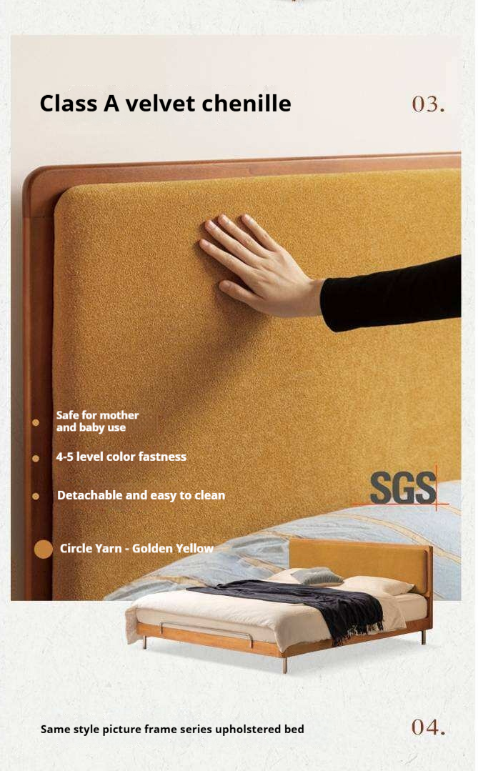 Cherry Solid Wood Bed with Modern Minimalist Design and Genuine Leather Headboard