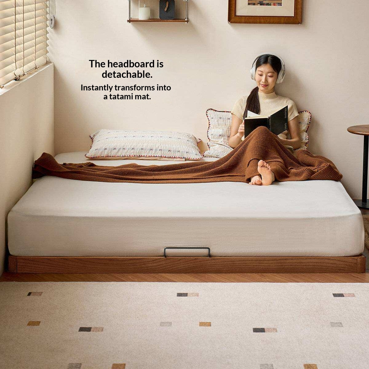 Oak Solid Wood Bed with Removable Headboard and Low Floor Design