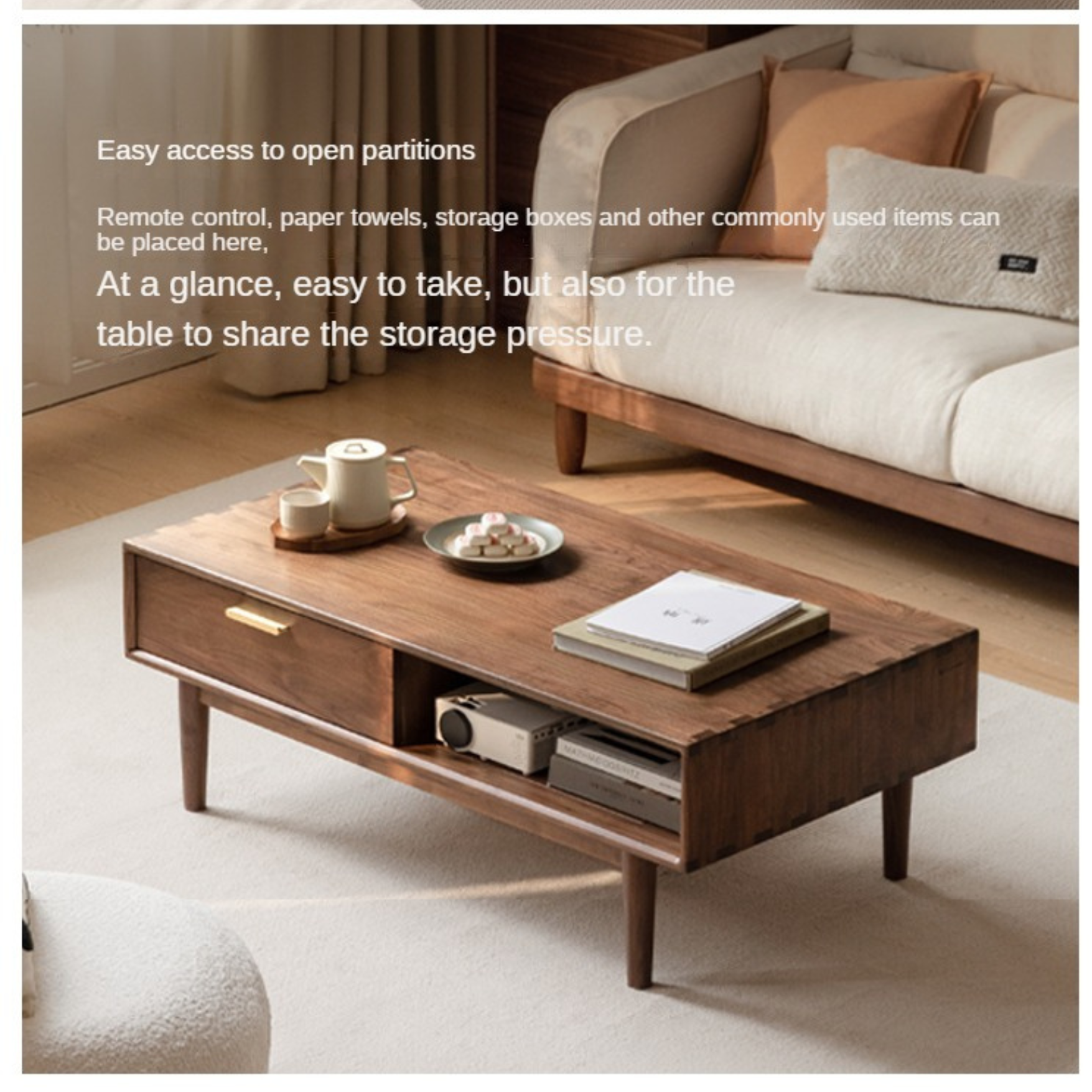 Black Walnut Solid Wood Storage Rock Plate Coffee Table