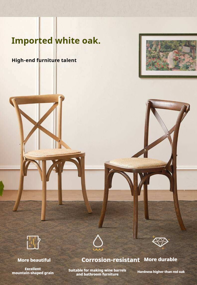 4 pcs -White Oak Solid Wood French Country Cross Back Dining Chair with Rattan Seat