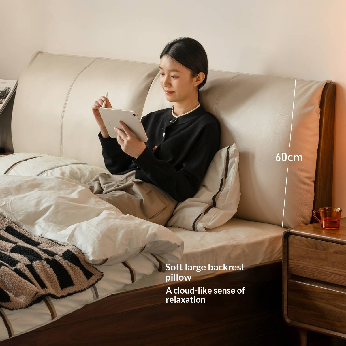 Black Walnut Solid Wood Box Bed — Luxury Genuine Leather Bed with Soft Backrest