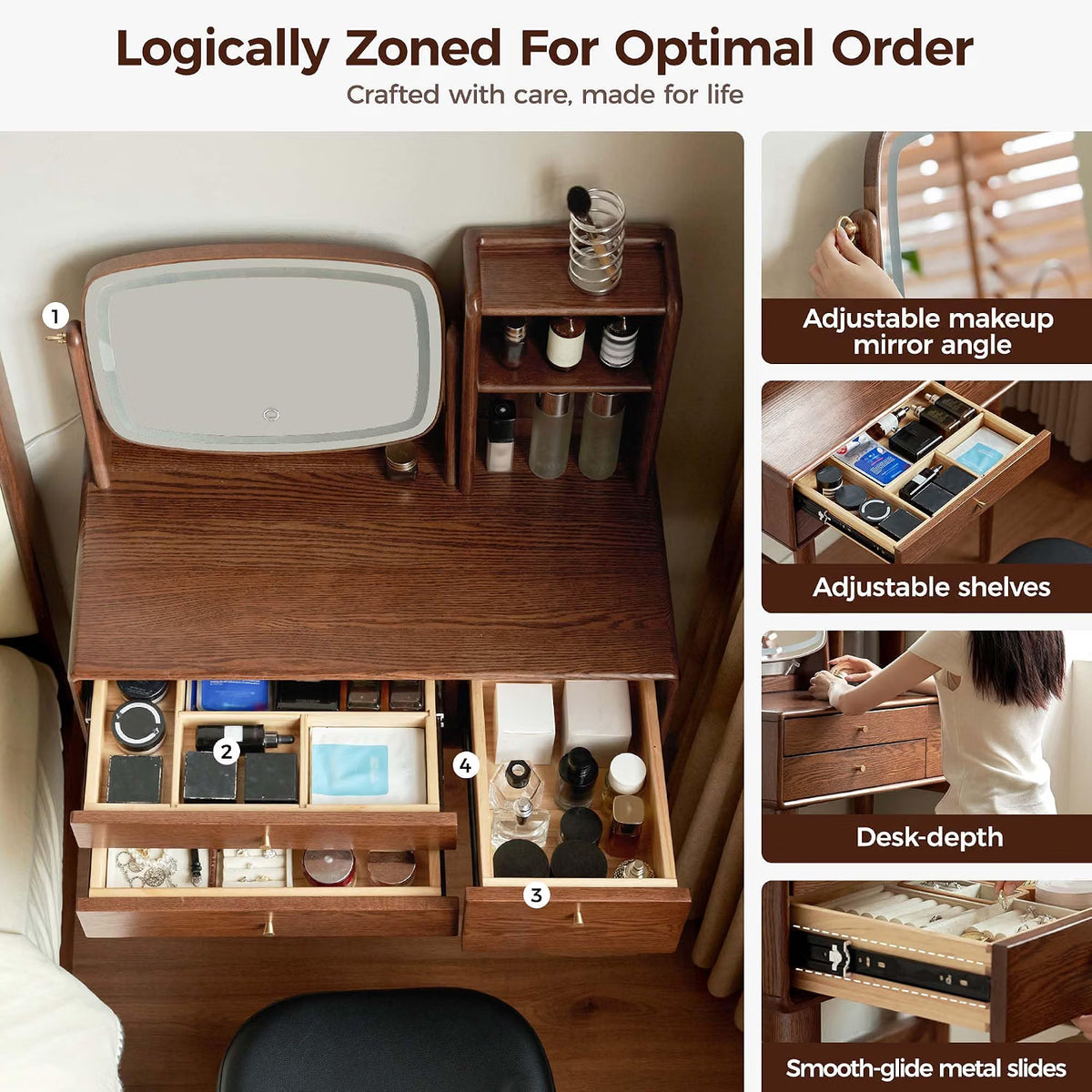 Oak Solid Wood Vanity Desk with LED Mirror and Open Storage Tower