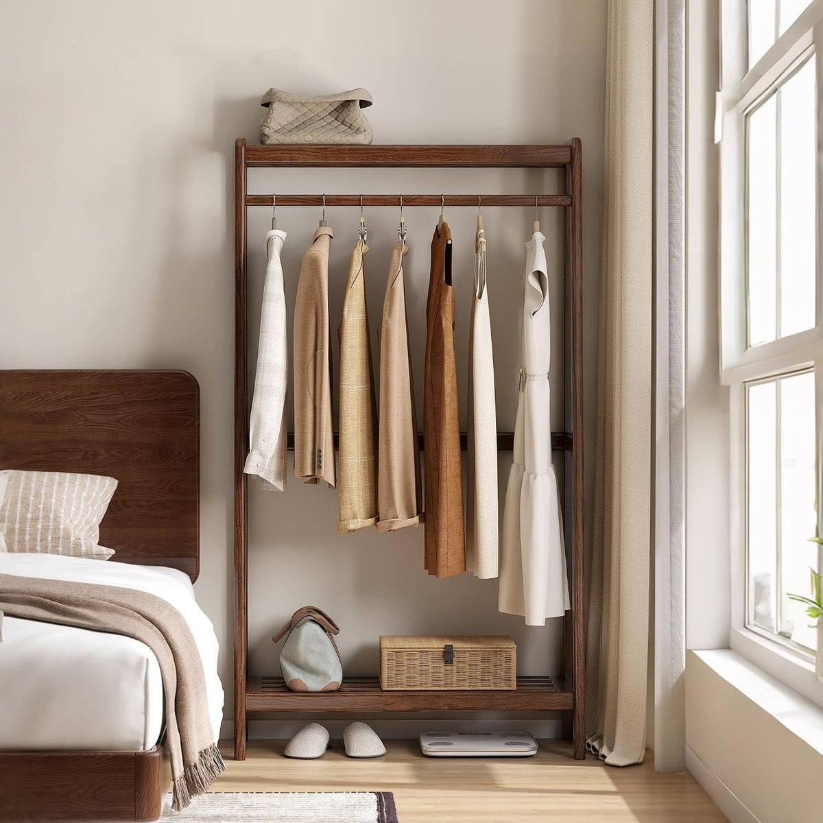 Oak, Rubberwood hanger for small bedroom floor standing storage rack