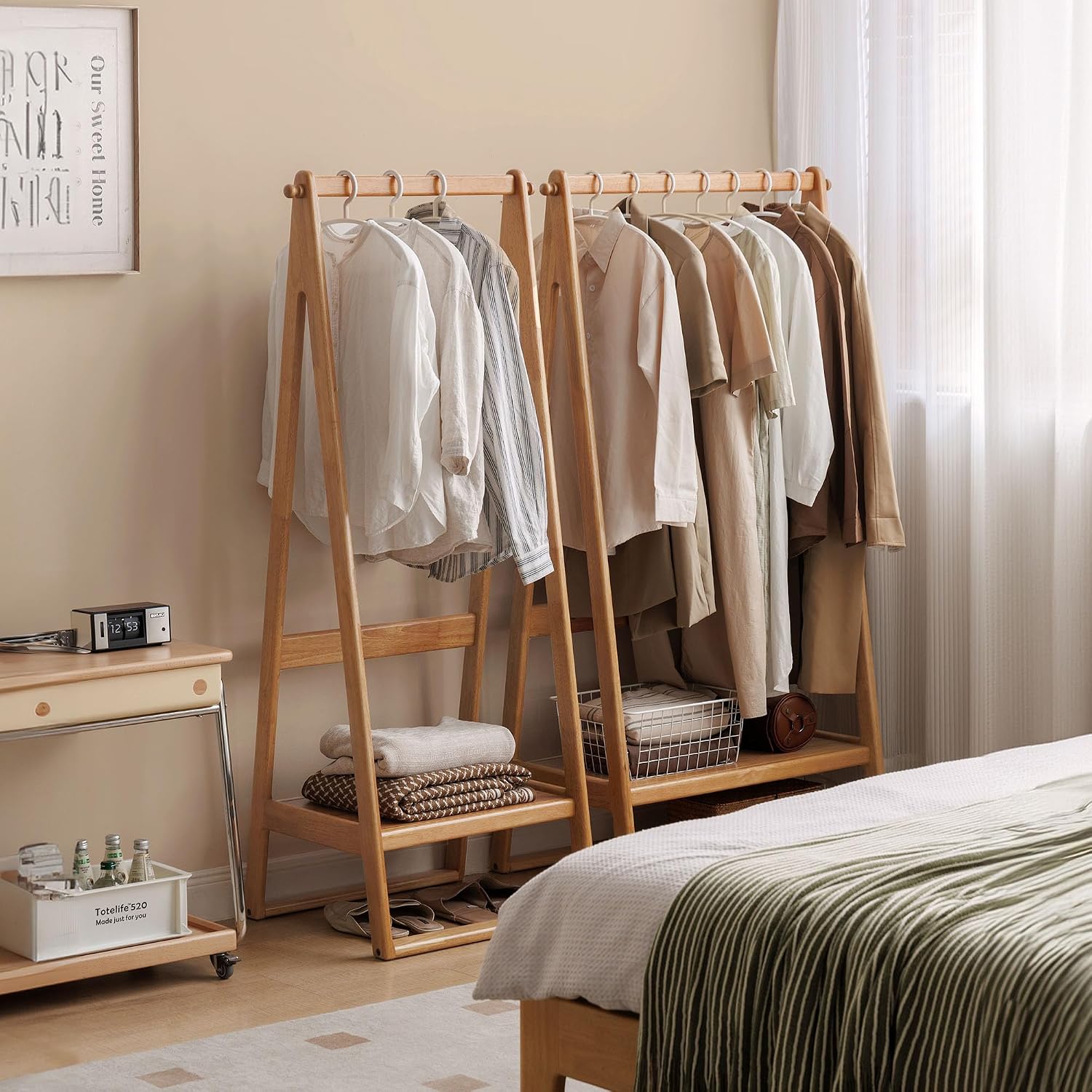 Oak, Rubberwood hanger for small bedroom floor standing storage rack