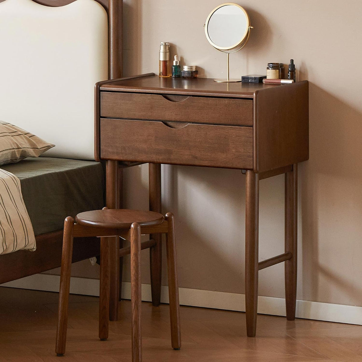 Rubberwood Solid Wood Corner Vanity Table, Walnut