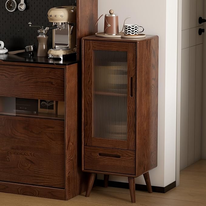 Oak Solid Wood, Pine Wood Display Cabinet with Fluted Glass Door and Tapered Legs