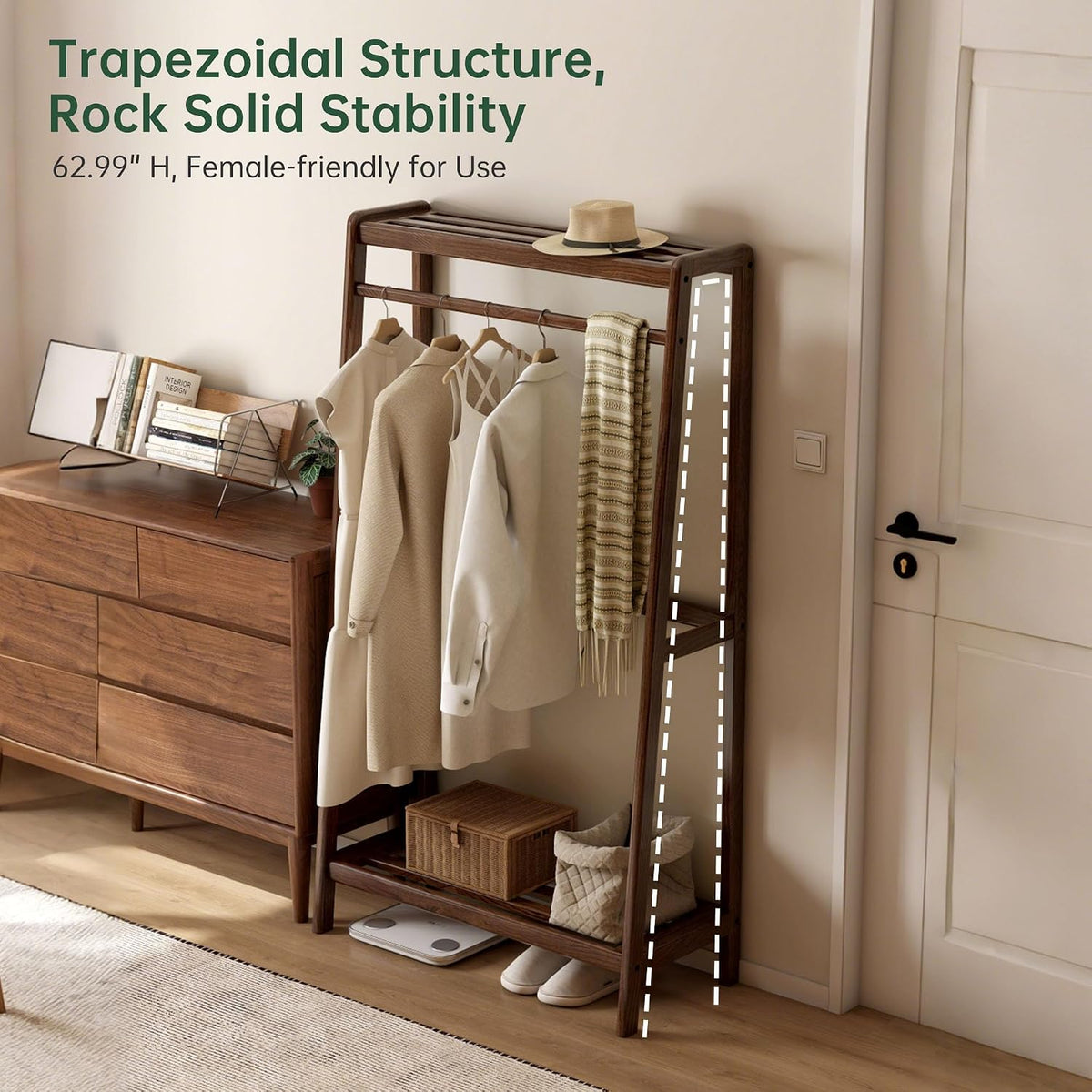Oak, Rubberwood hanger for small bedroom floor standing storage rack