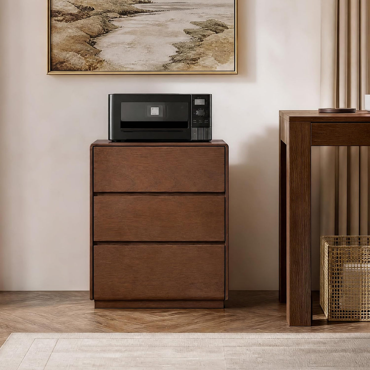 Solid Oak, Rubberwood, Wood Compact 3-Drawer Chest with Small Footprint