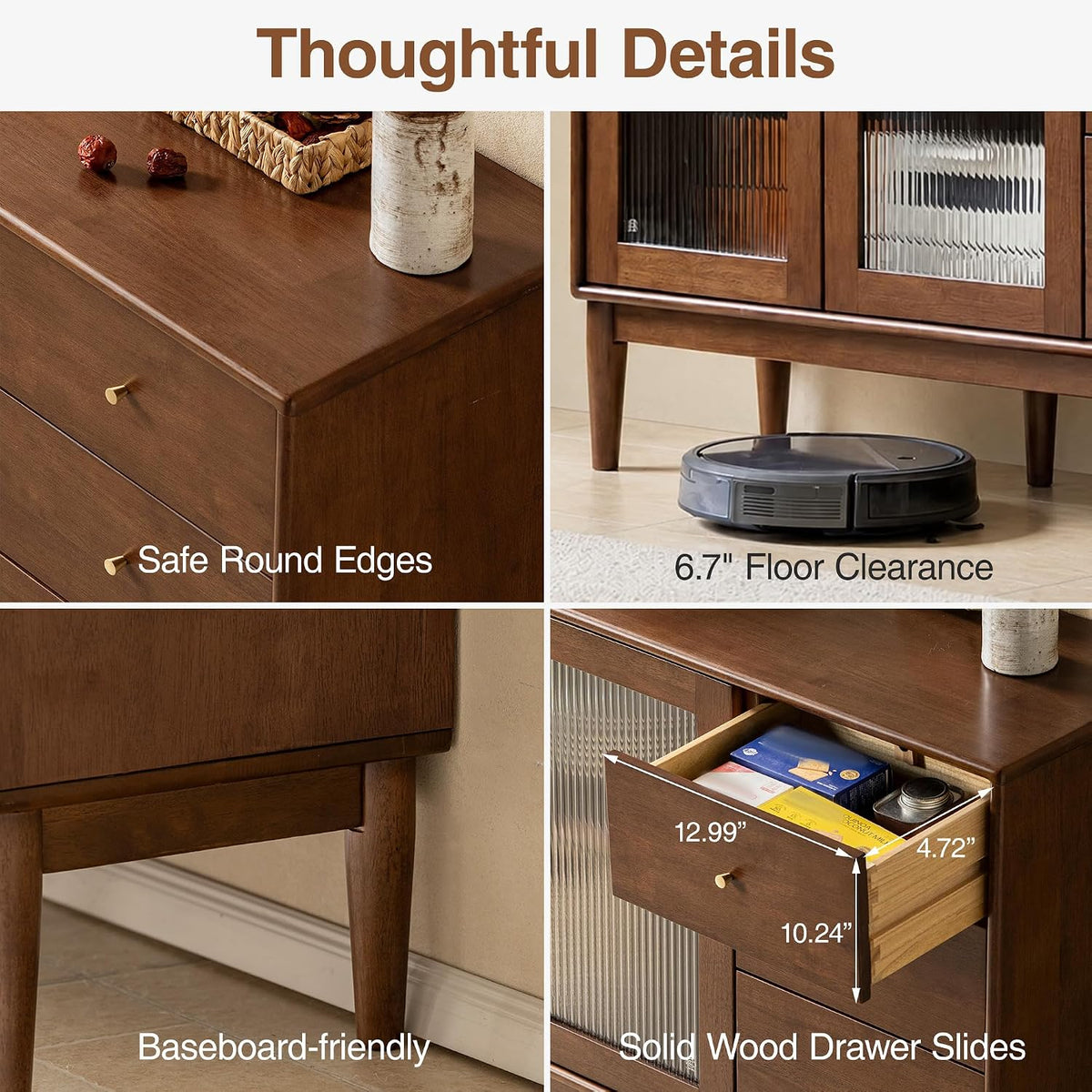 Solid Rubberwood Side Cabinet with Three Drawers and Two Doors