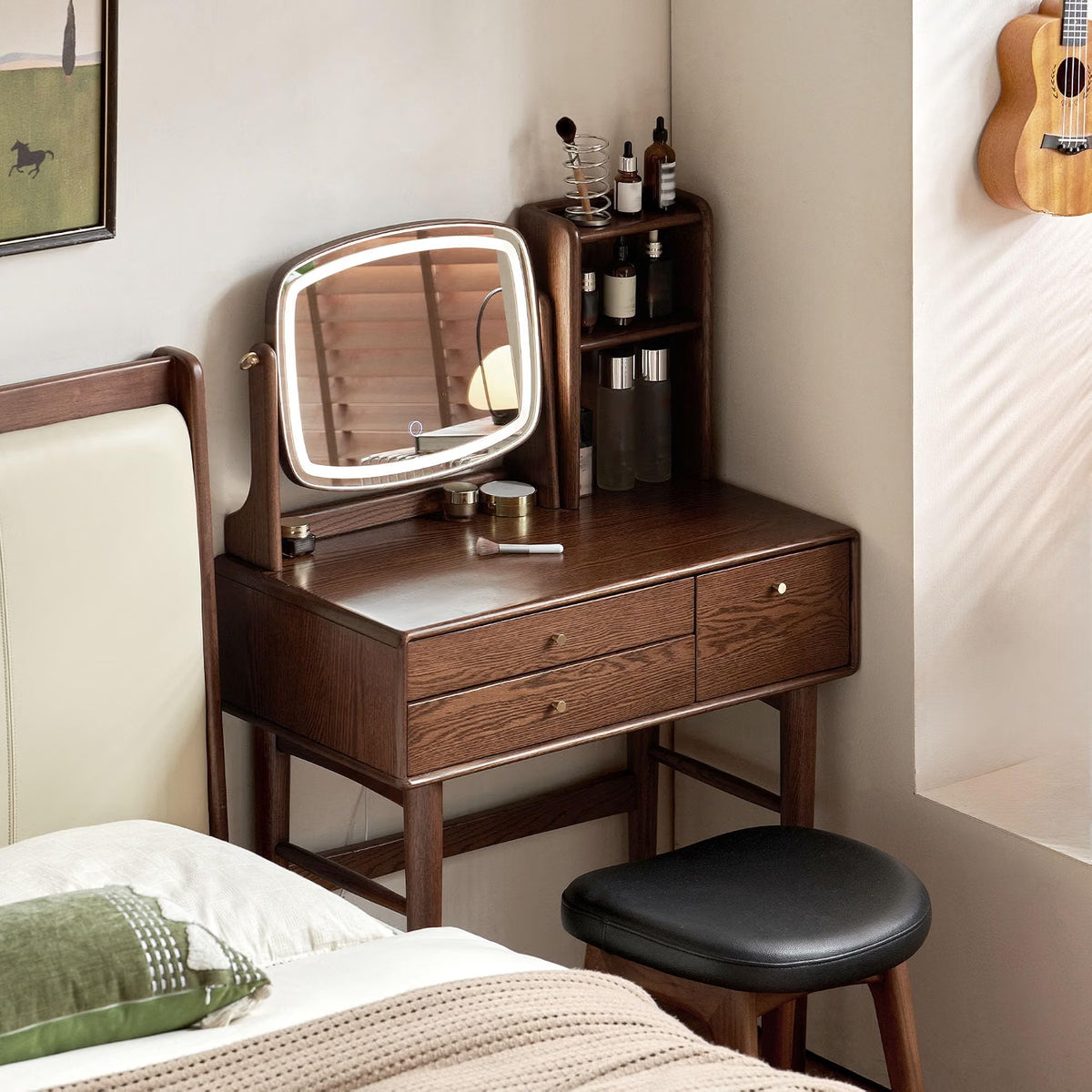 Oak Solid Wood Vanity Desk with LED Mirror and Open Storage Tower