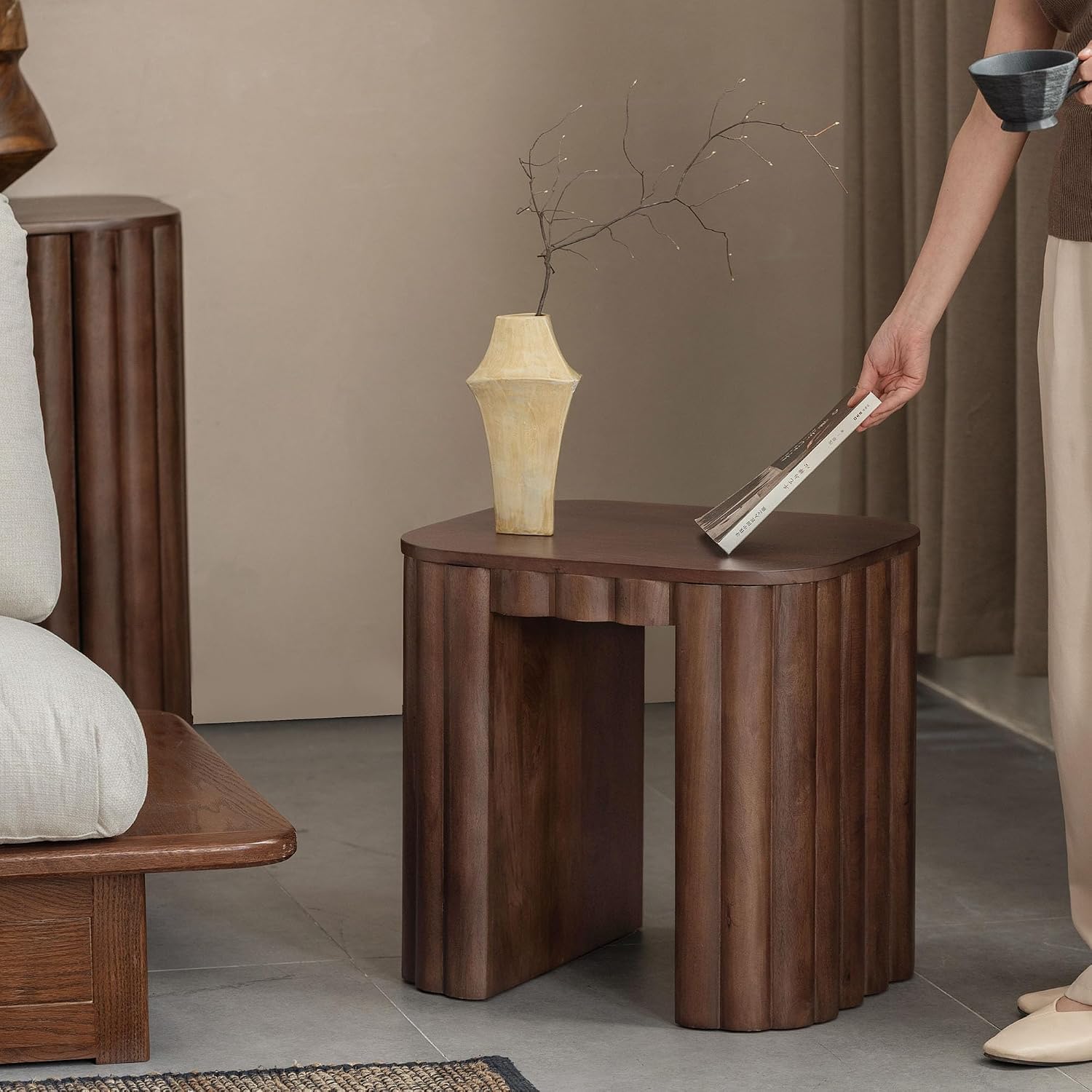 Mango Solid Wood Sculptural Side Table with Carved Legs