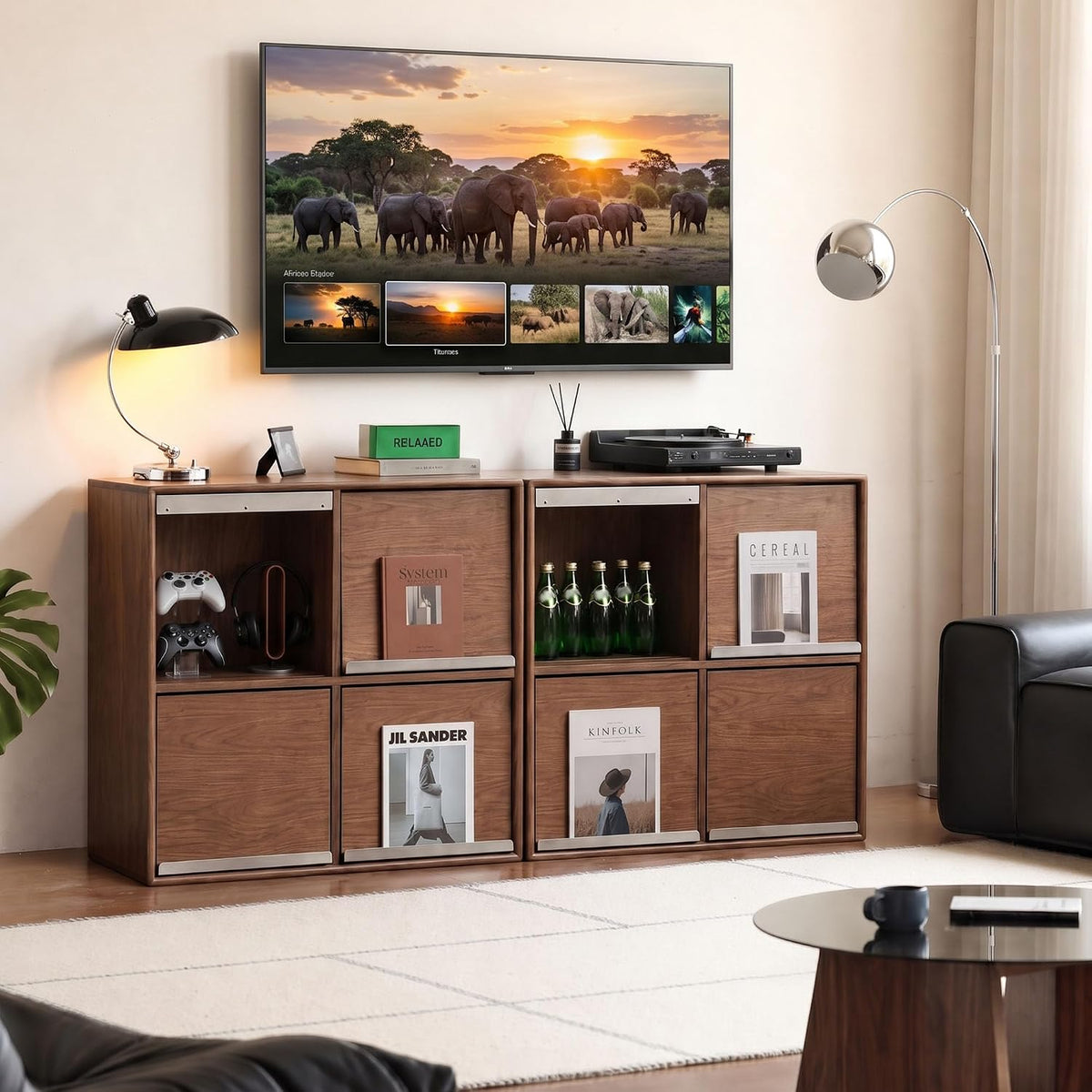 Oak Solid Wood Modular Grid Cabinet with Flip Doors