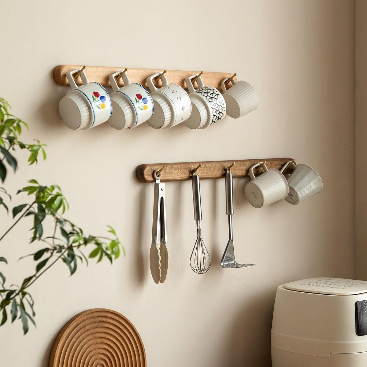 Beech Solid Wood Wall Mounted Coat Rack with 5 Hooks