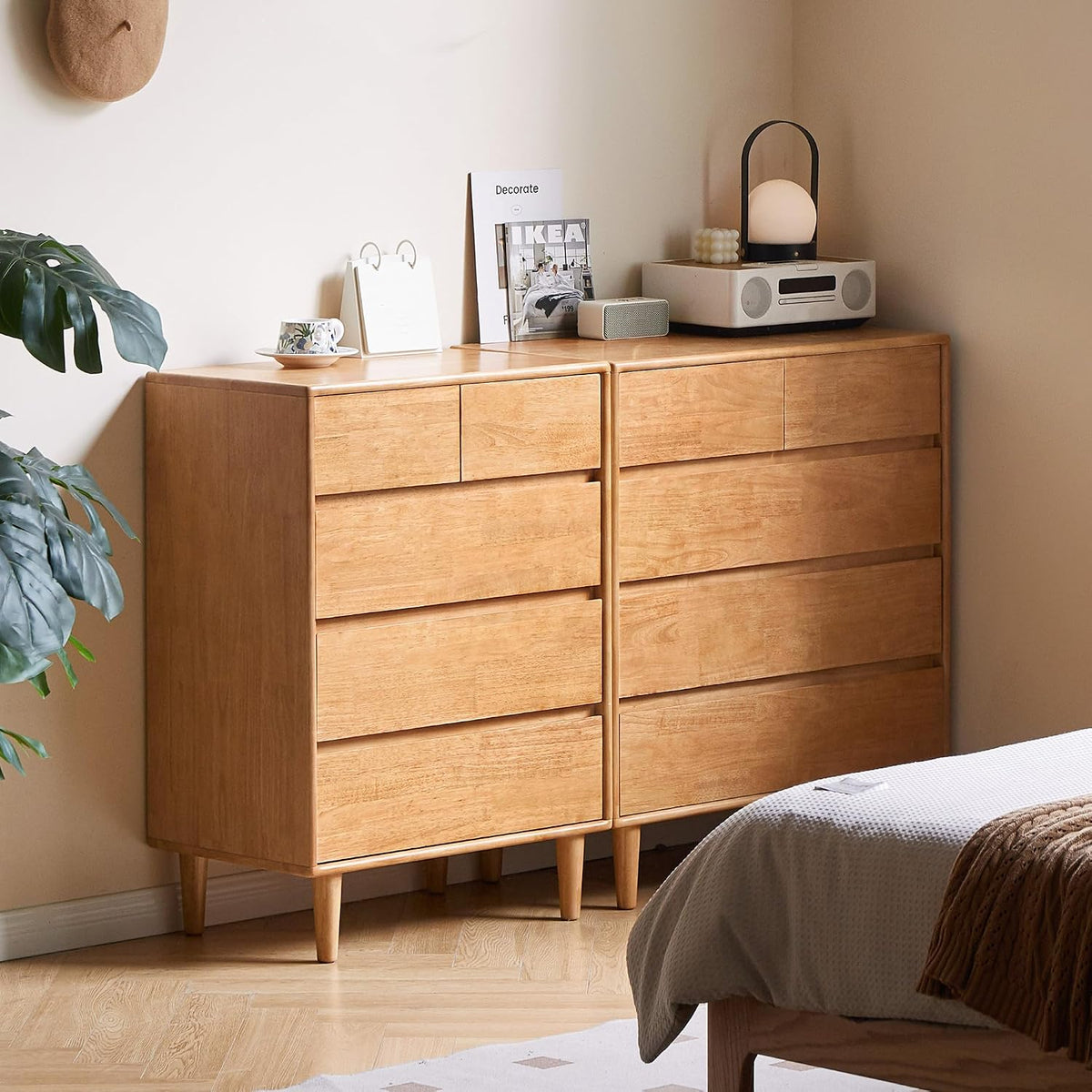 Rubberwood Solid Wood Tall Narrow Dresser with Fluted Drawer