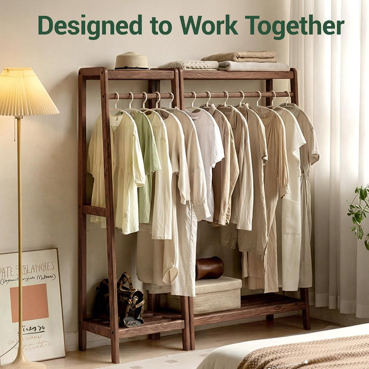 Oak, Rubberwood hanger for small bedroom floor standing storage rack