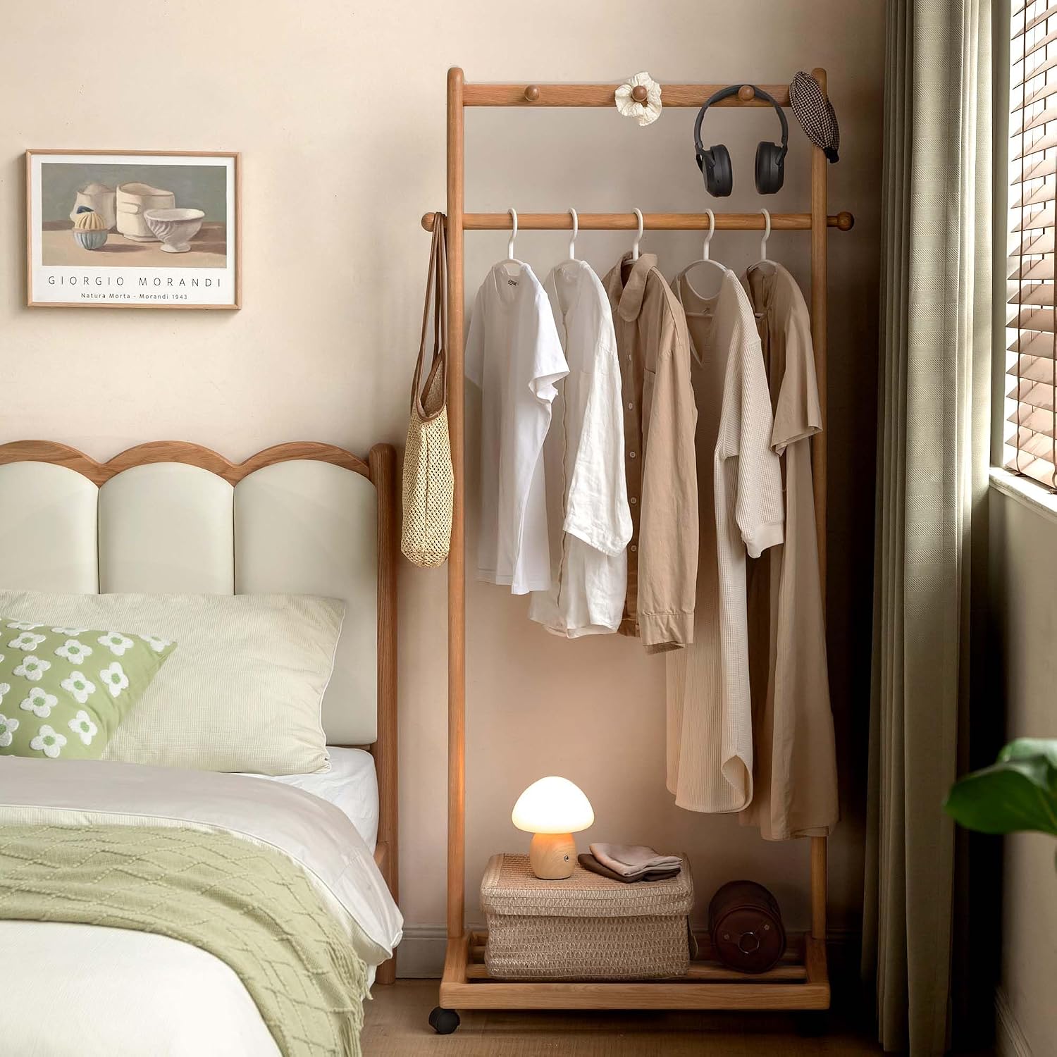 Oak, Rubberwood hanger for small bedroom floor standing storage rack