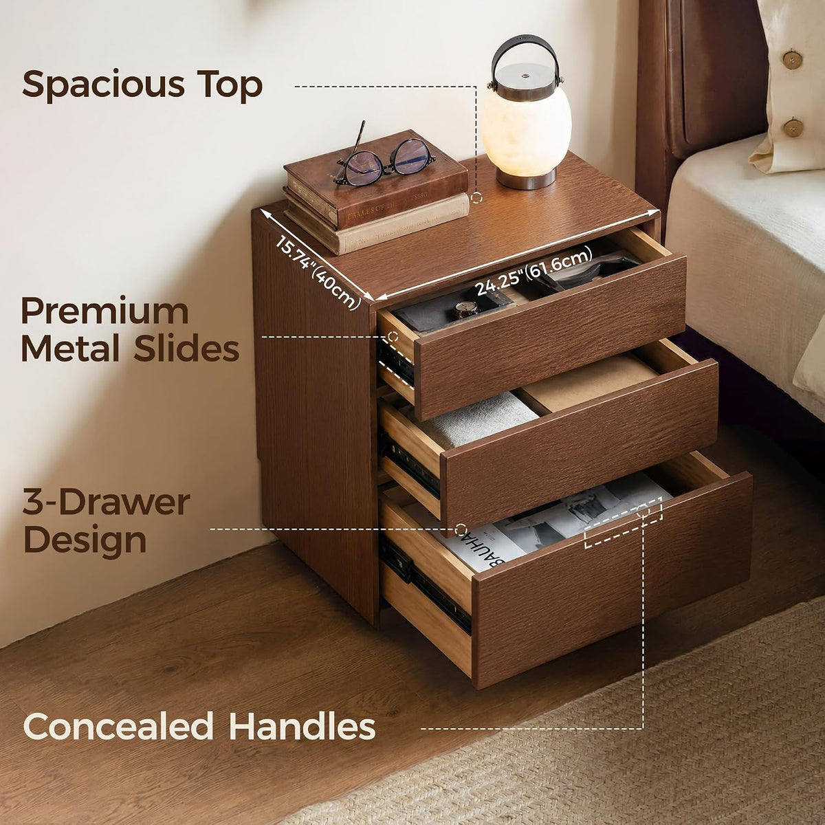 Solid Oak, Rubberwood, Wood Compact 3-Drawer Chest with Small Footprint
