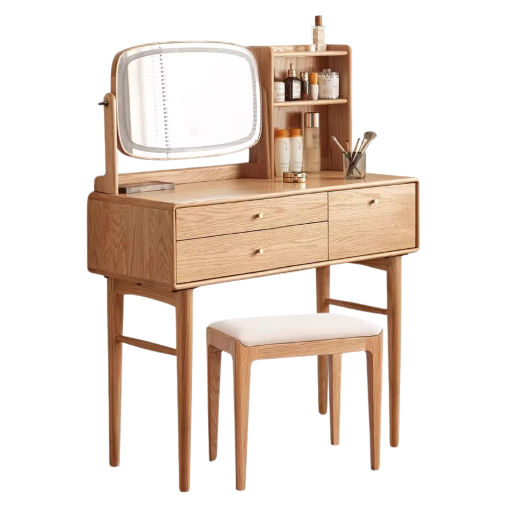 Oak, Ash Solid Wood Vanity Table Lighted Makeup Mirror.
