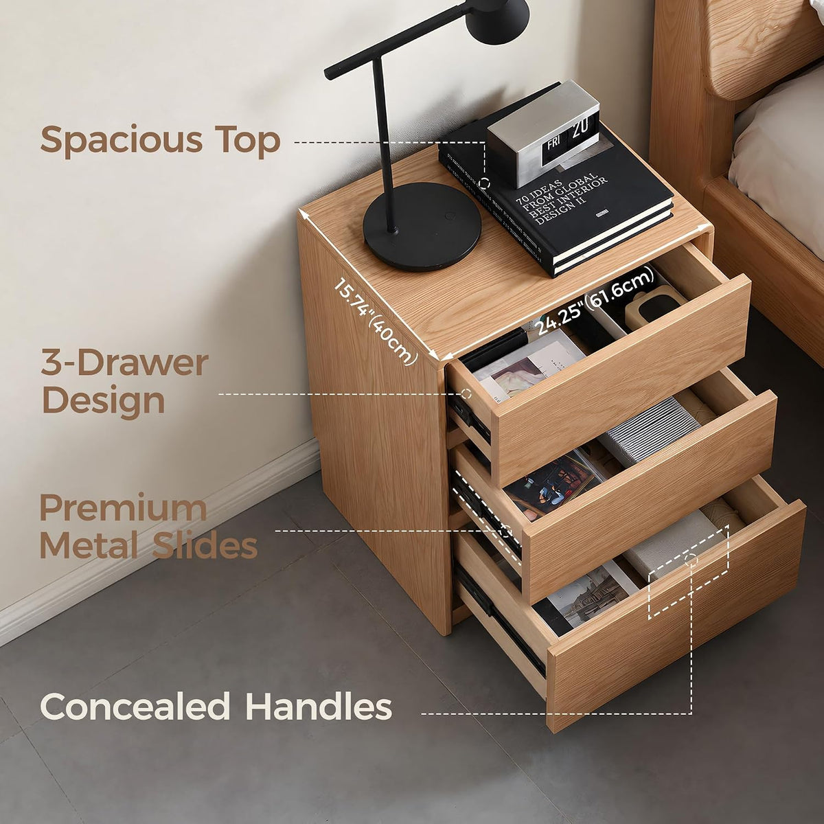 Solid Oak, Rubberwood, Wood Compact 3-Drawer Chest with Small Footprint