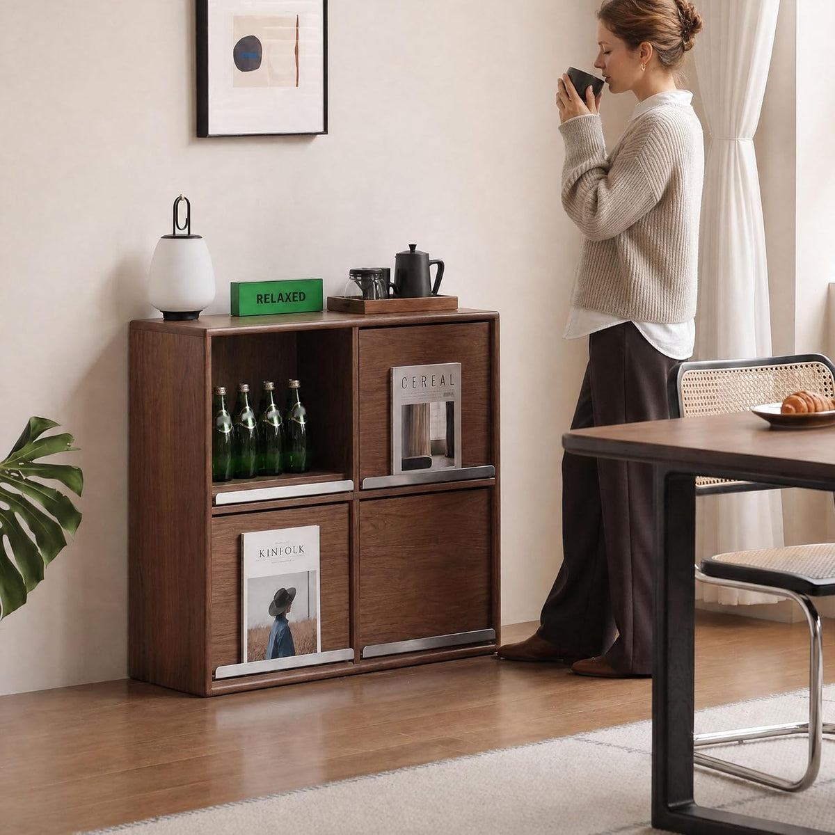 Oak Solid Wood Modular Grid Cabinet with Flip Doors