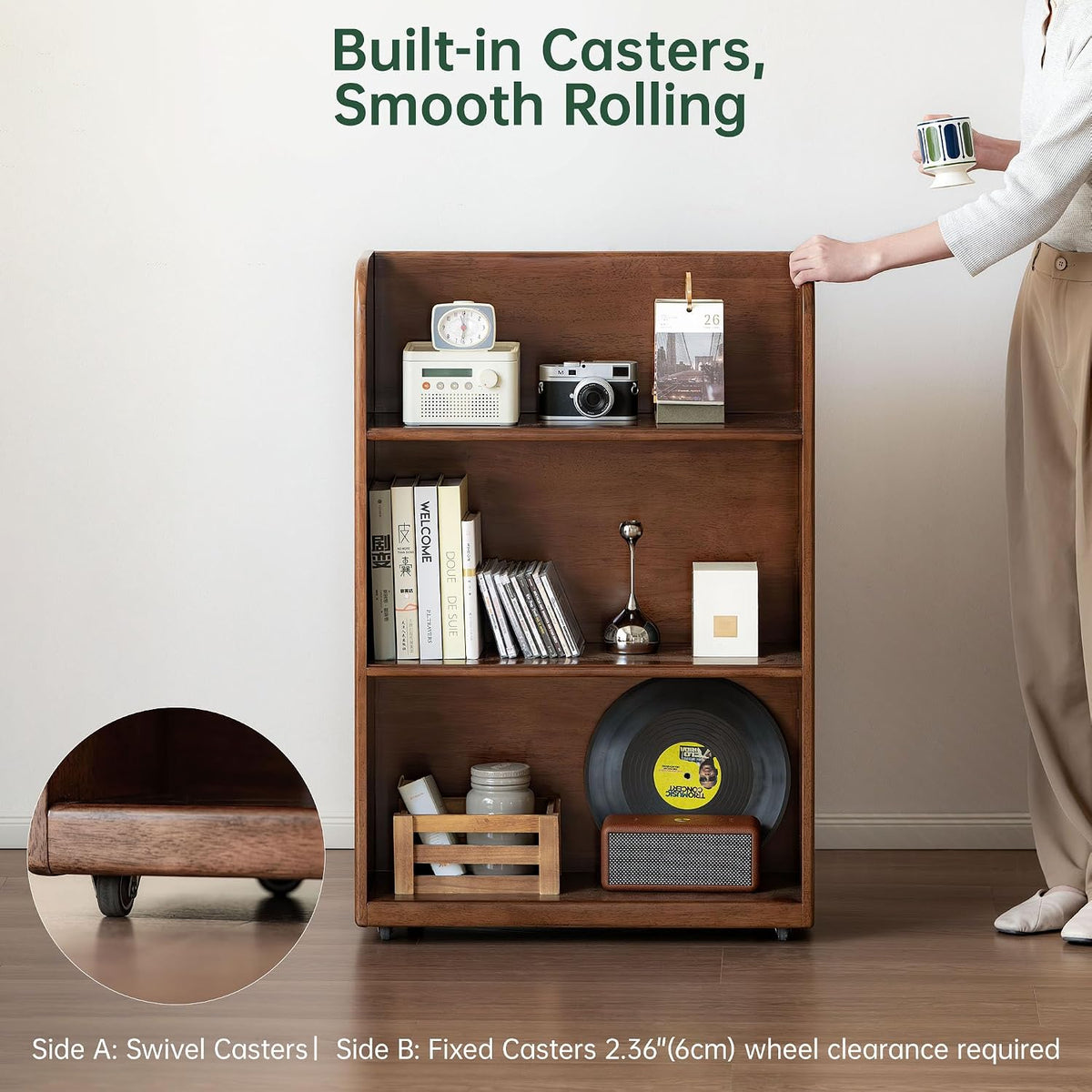 Rubberwood Solid Wood Rolling Bookcase with Wheels, Walnut