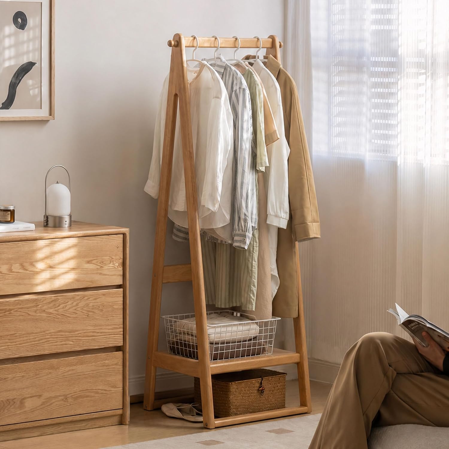 Oak, Rubberwood hanger for small bedroom floor standing storage rack