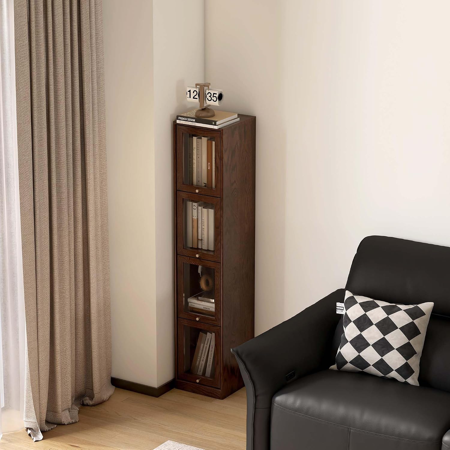 Oak Solid Wood Narrow Glass Door Display Cabinet with Slim Storage Tower