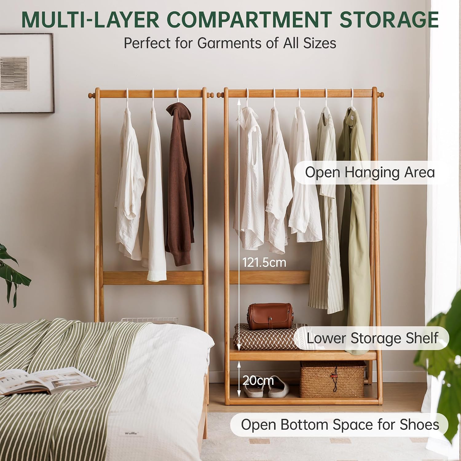 Oak, Rubberwood hanger for small bedroom floor standing storage rack
