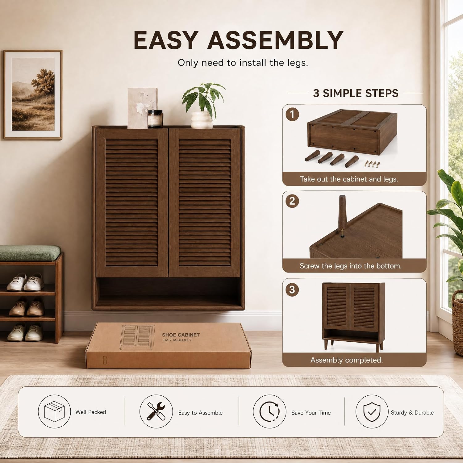 Solid Rubberwood Modern Shoe Cabinet