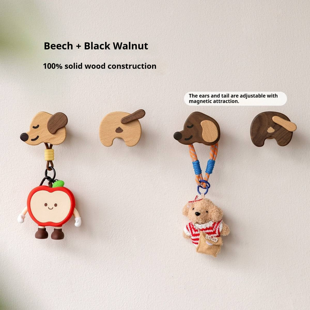 Beech, Black Walnut Solid Wood Puppy-Shaped Wall Hook with Cute Cartoon Design