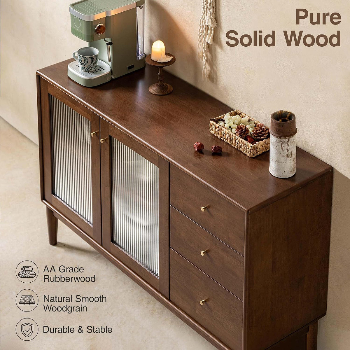Solid Rubberwood Side Cabinet with Three Drawers and Two Doors