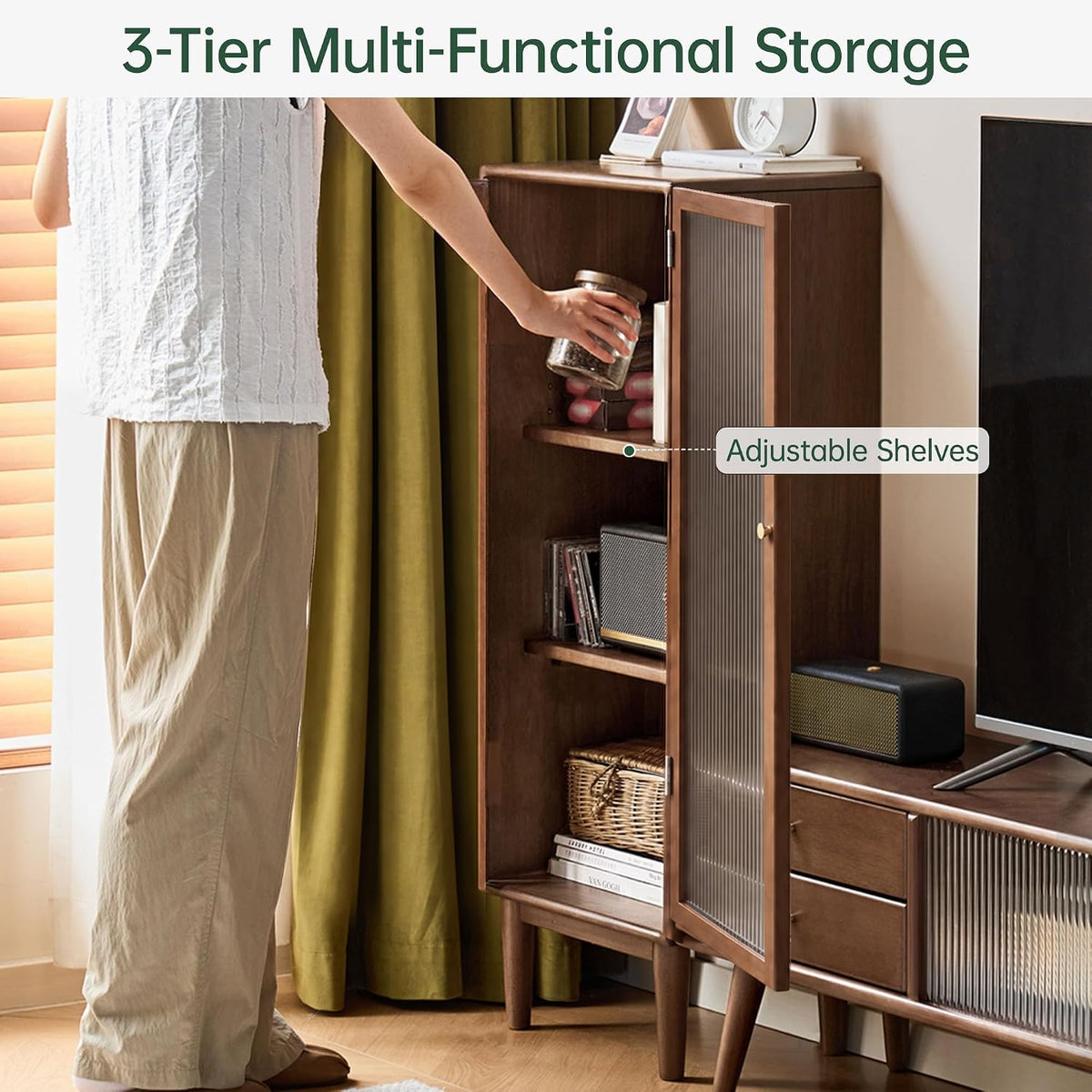 Solid Rubberwood Narrow Storage Cabinet with Fluted Glass Door and Adjustable Shelves