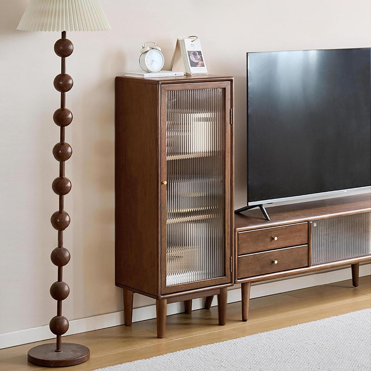 Solid Rubberwood Narrow Storage Cabinet with Fluted Glass Door and Adjustable Shelves