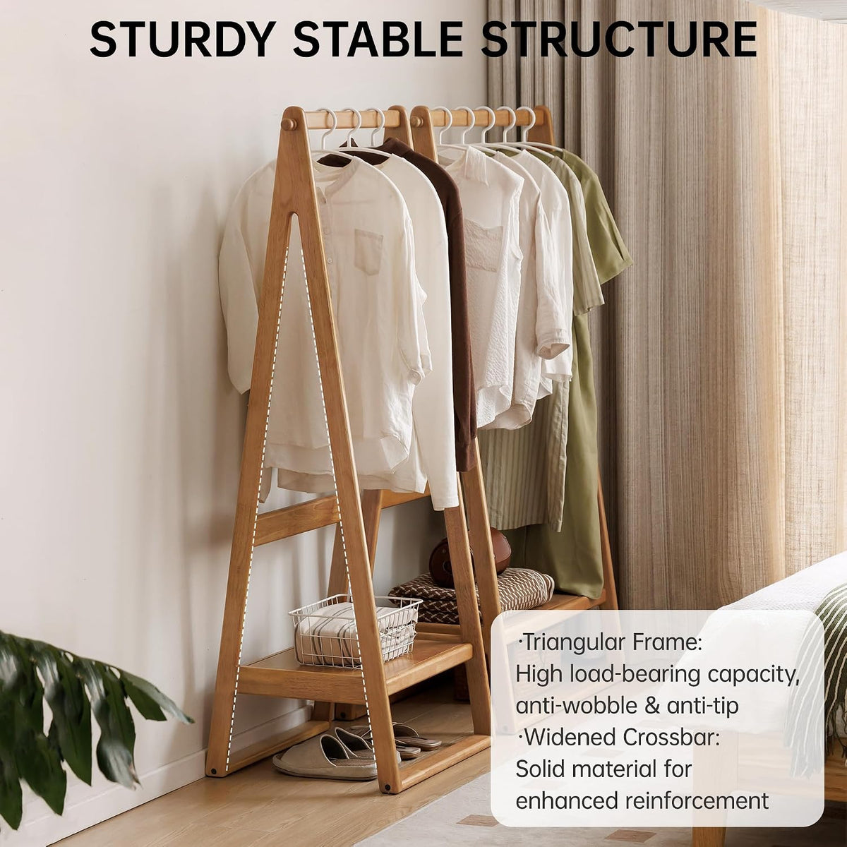 Oak, Rubberwood hanger for small bedroom floor standing storage rack