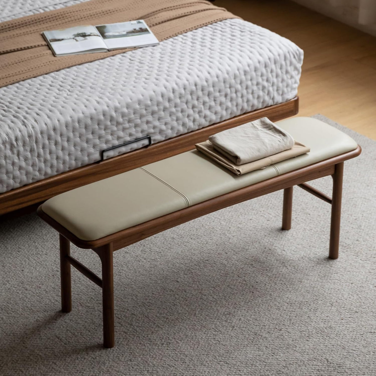 Oak Solid Wood Upholstered Entryway Bench with Matching Stool