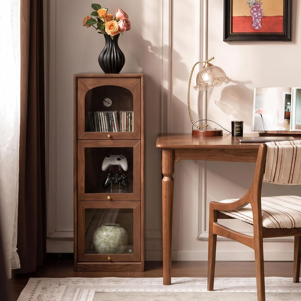 Oak Solid Wood Narrow Bookcase and Freestanding Storage Cabinet