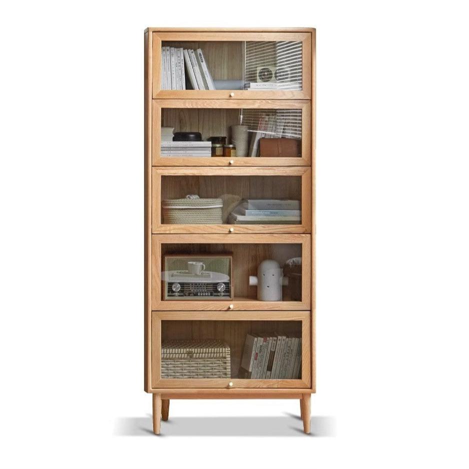 Solid Rubberwood, Oak Solid Wood Multi layer Flip Door Glass Bookcase