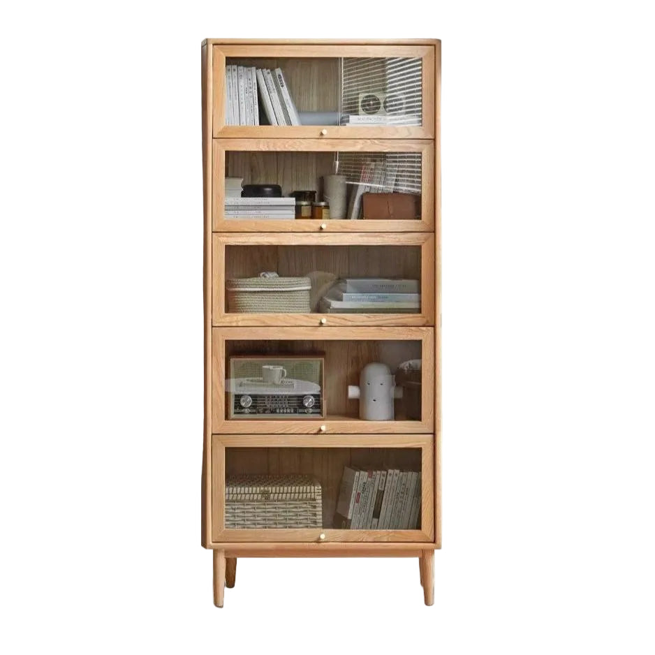 Solid Rubberwood, Oak Solid Wood Multi layer Flip Door Glass Bookcase