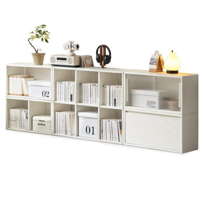 Pine Solid Wood Cream White Lattice Storage Low Bookcase
