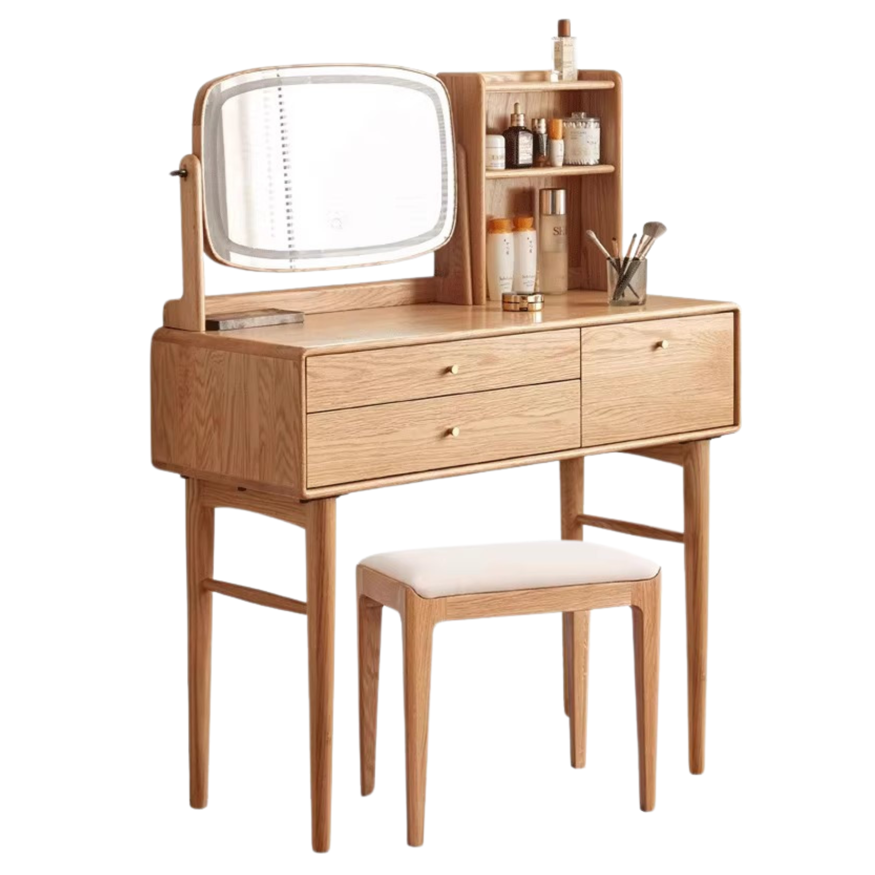Oak, Ash Solid Wood Vanity Table Lighted Makeup Mirror.