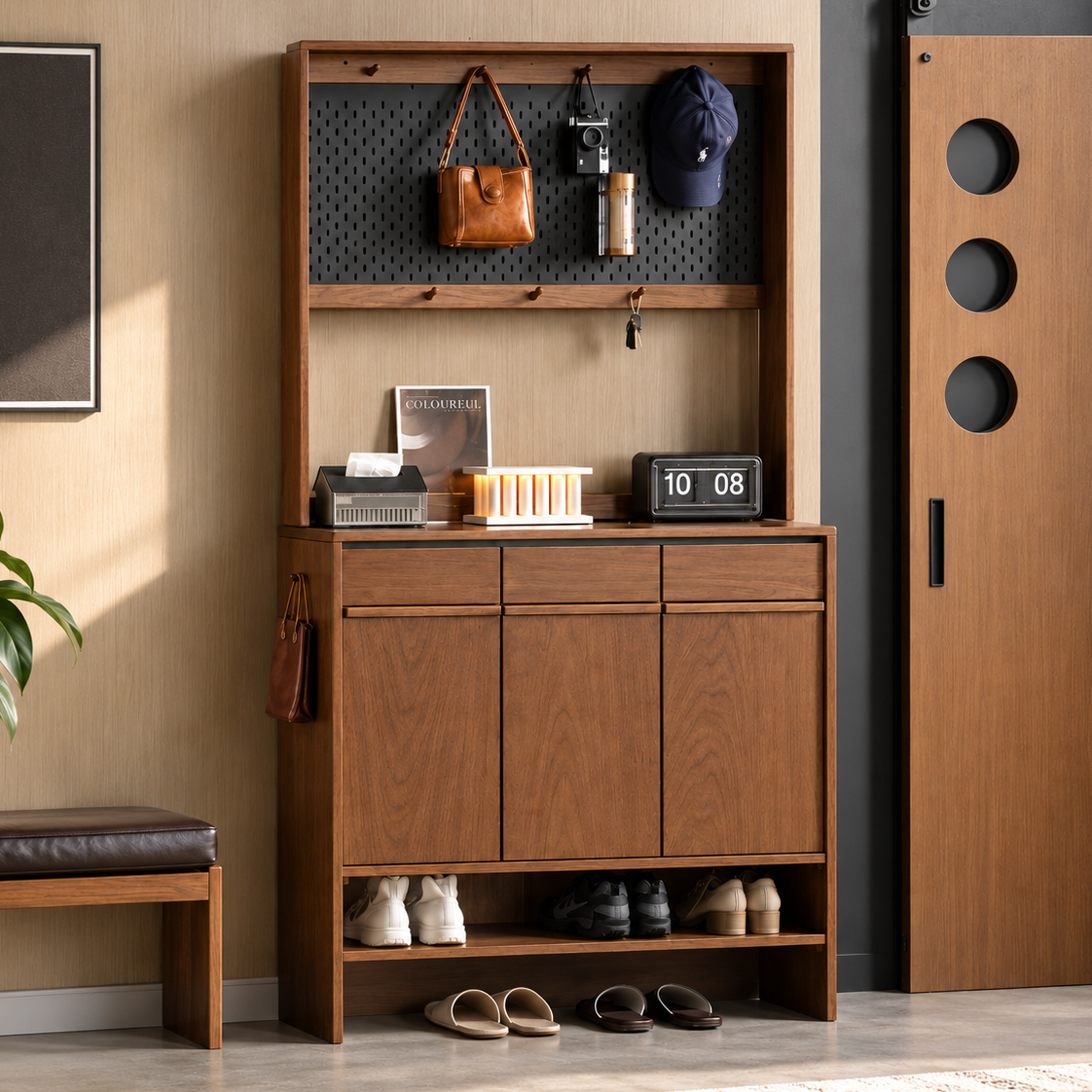 Oak Solid Wood Large Entryway Shoe Cabinet with Pegboard Hutch and Drawers, Walnut Finish