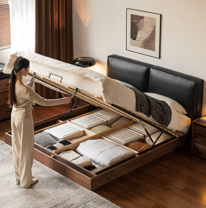 Black Walnut Solid Wood Box Bed — Italian Light Luxury, Genuine Leather Upholstered Headboard