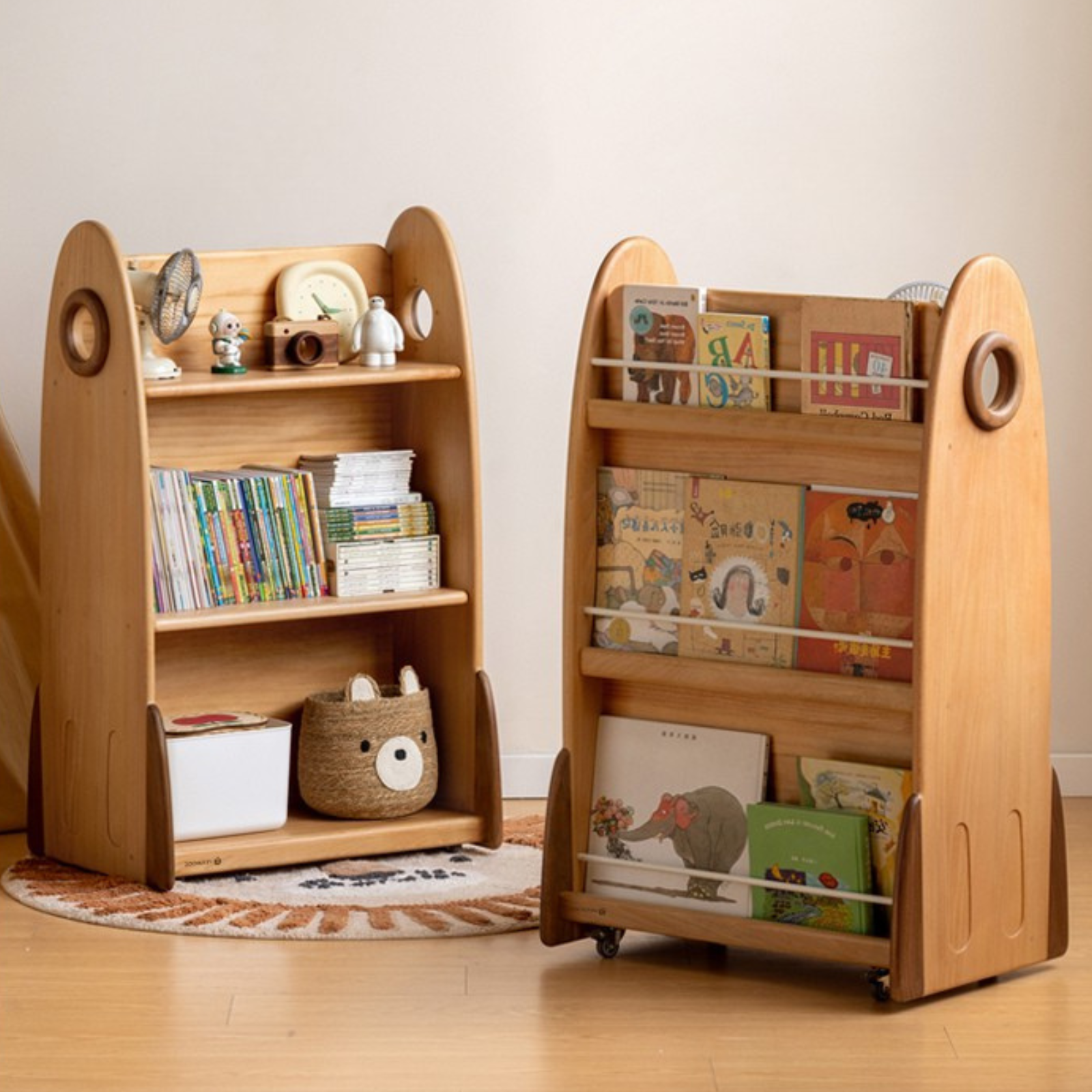Beech Solid Wood Movable Double-Sided Floor-Standing Storage Children's Rack