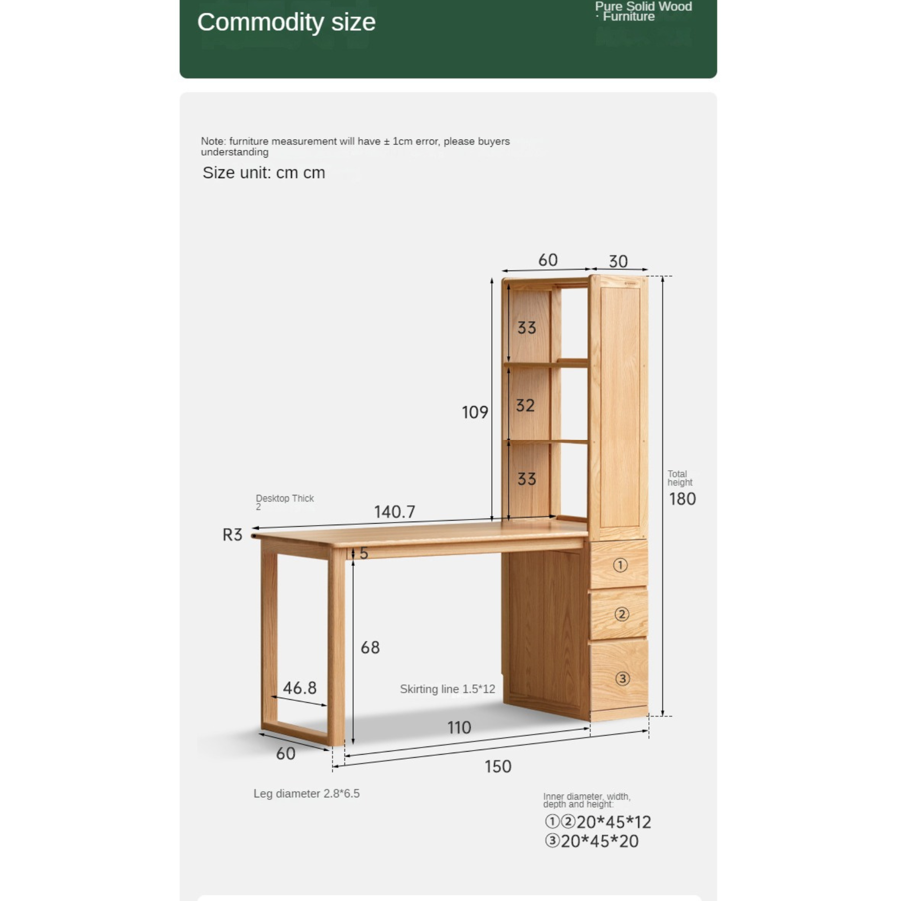 Oak Solid Wood Desk with Bookshelf and Drawer