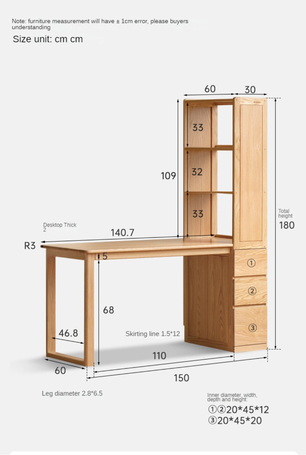 Oak Solid Wood Desk with Bookshelf and Drawer