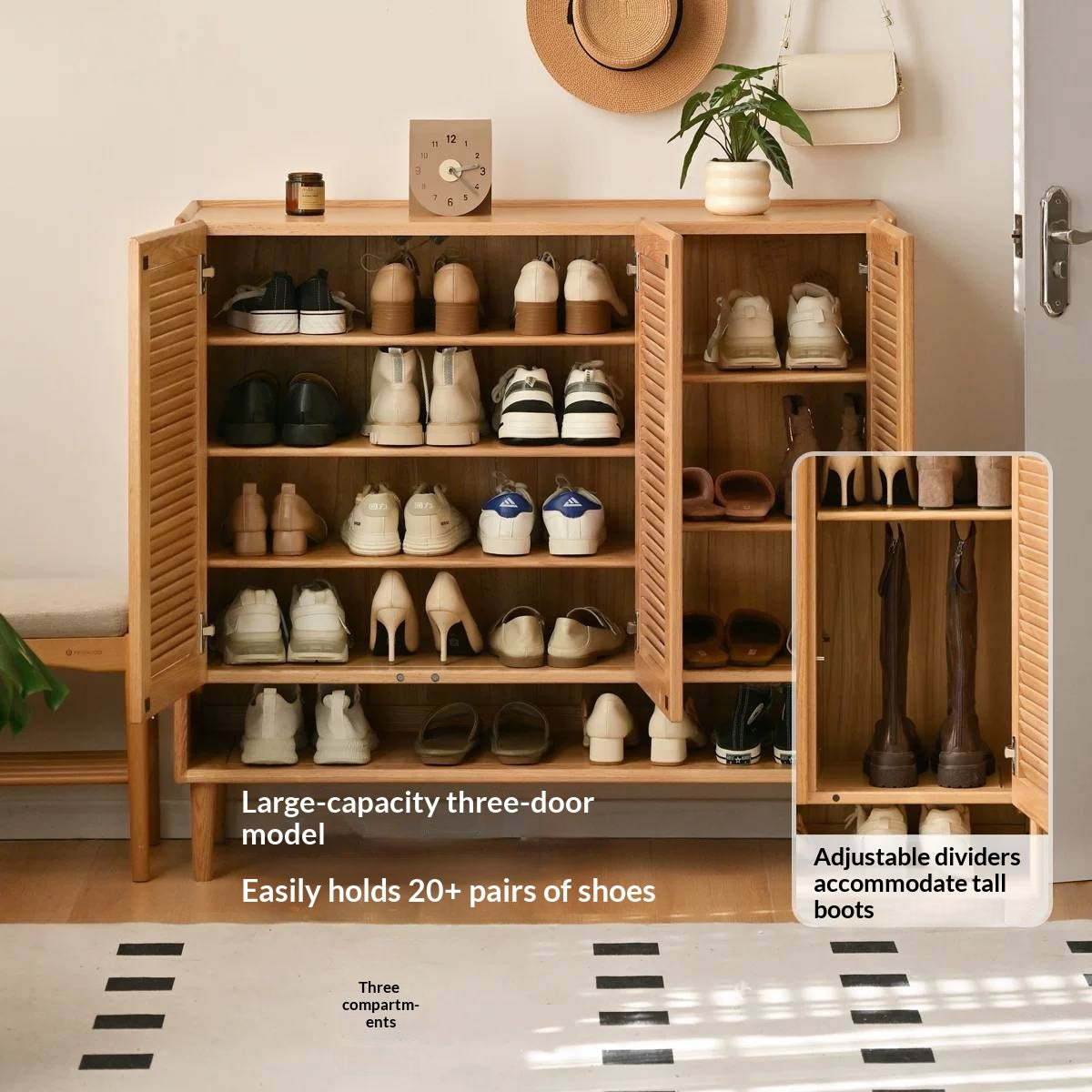 Oak Solid Wood Louvered Door Shoe Cabinet with Open Shelf for Entryway